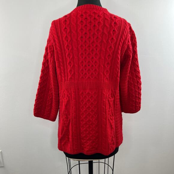 Kilronan Knitwear Red Ireland New Wool Cable Knit 3/4 Sleeve Cardigan Sweater L - Picture 5 of 7